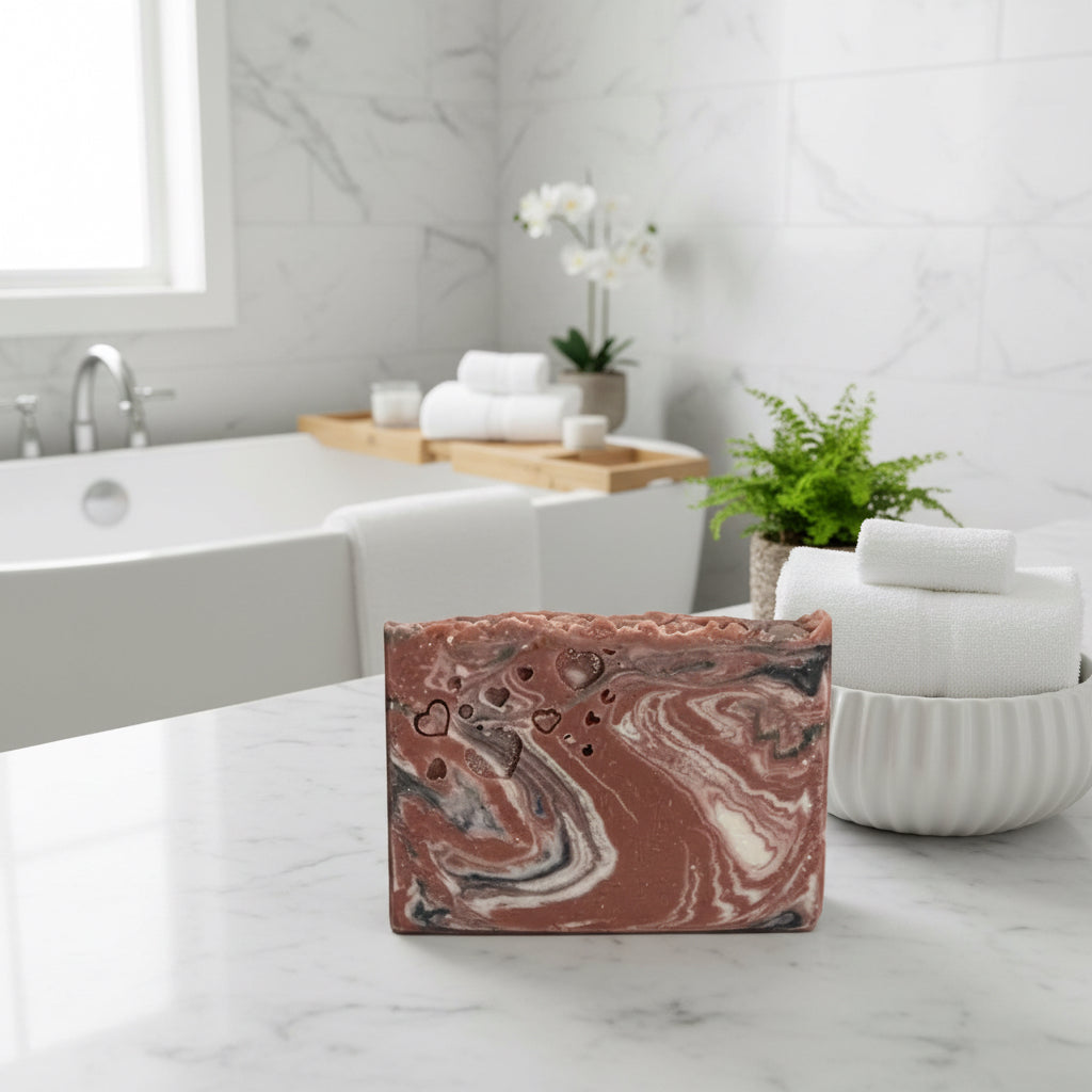 Marbled brown and beige soap bar on a gray surface with a blurred background