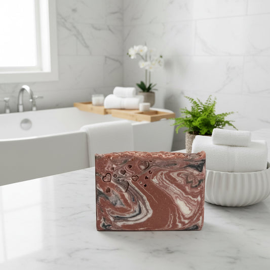 Marbled brown and beige soap bar on a gray surface with a blurred background