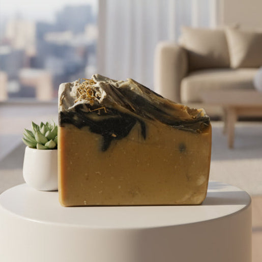 Bar of soap with a natural, unrefined texture on a plain surface.