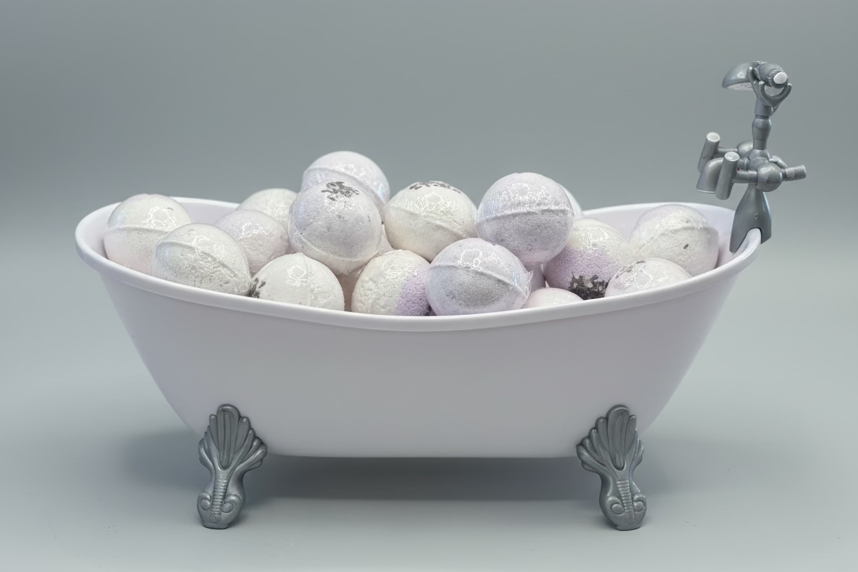 Decorative bathtub filled with textured balls on a wooden surface