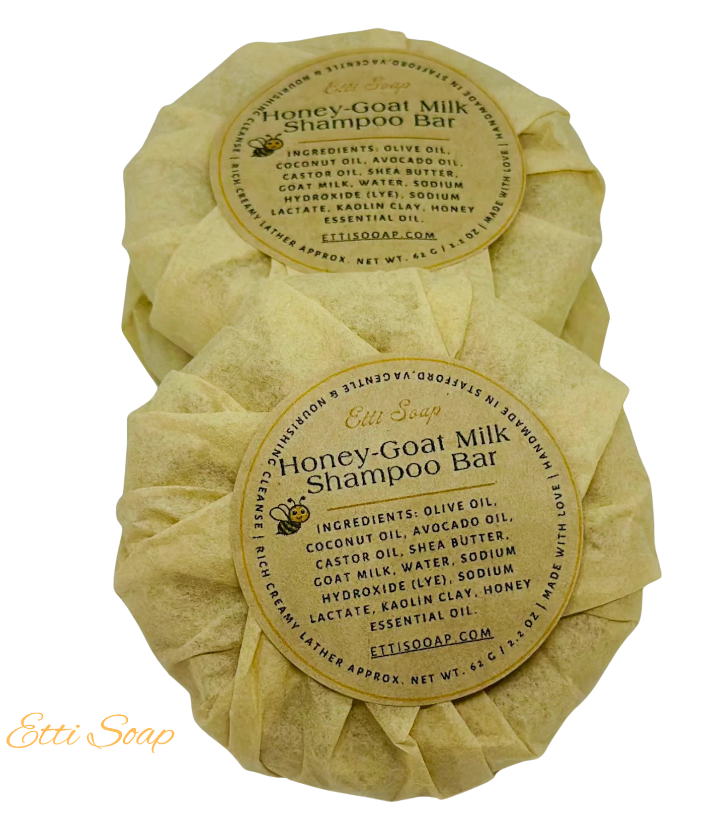 Honey-Goat Milk Shampoo Bar with Etti Soap branding on a white background