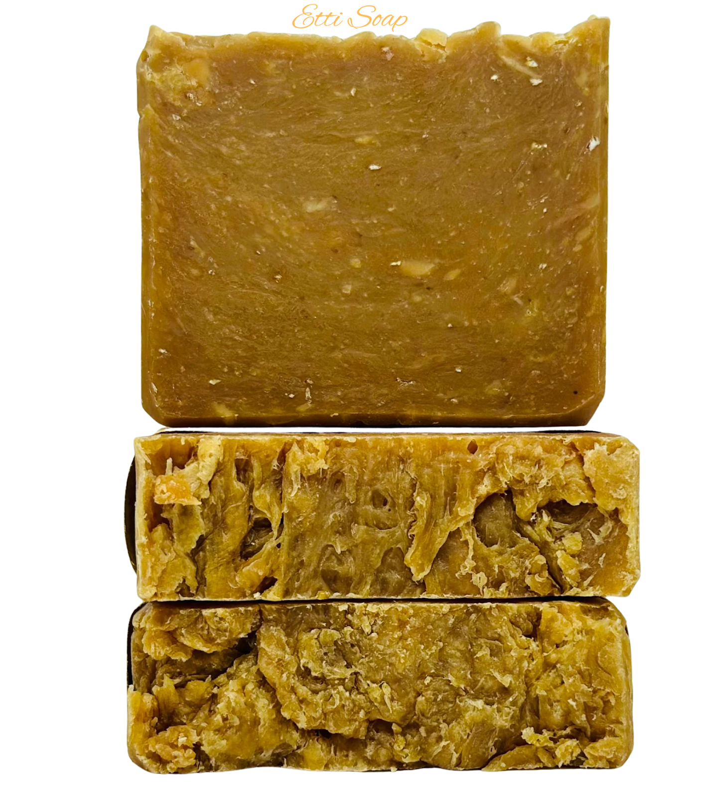 Three bars of brown soap stacked on a white background with 'Etti Soap' branding.