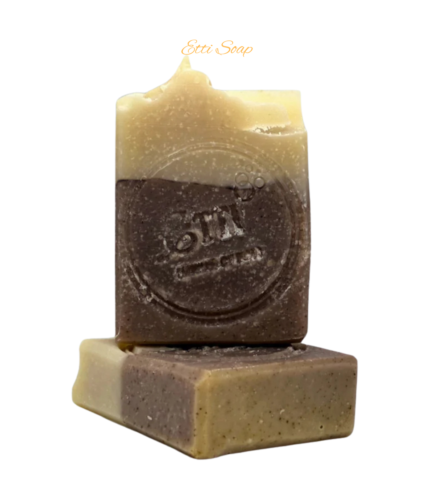 Two stacked bars of soap with a visible brand logo on a white background