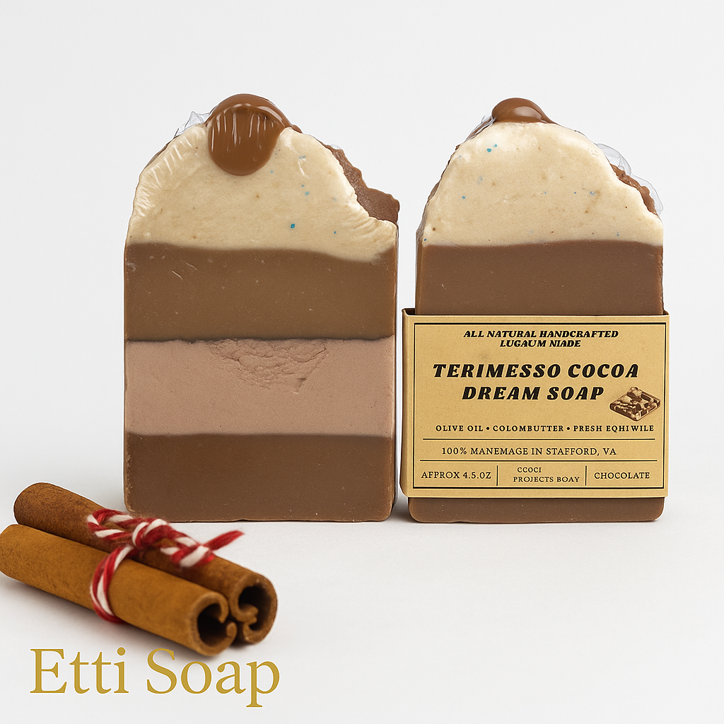 Terimesso Cocoa Dream Soap handmade with Mediterranean red clay and cocoa powder, featuring a natural chocolate aroma by Etti Soap.