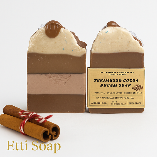 Terimesso Cocoa Dream Soap handmade with Mediterranean red clay and cocoa powder, featuring a natural chocolate aroma by Etti Soap.