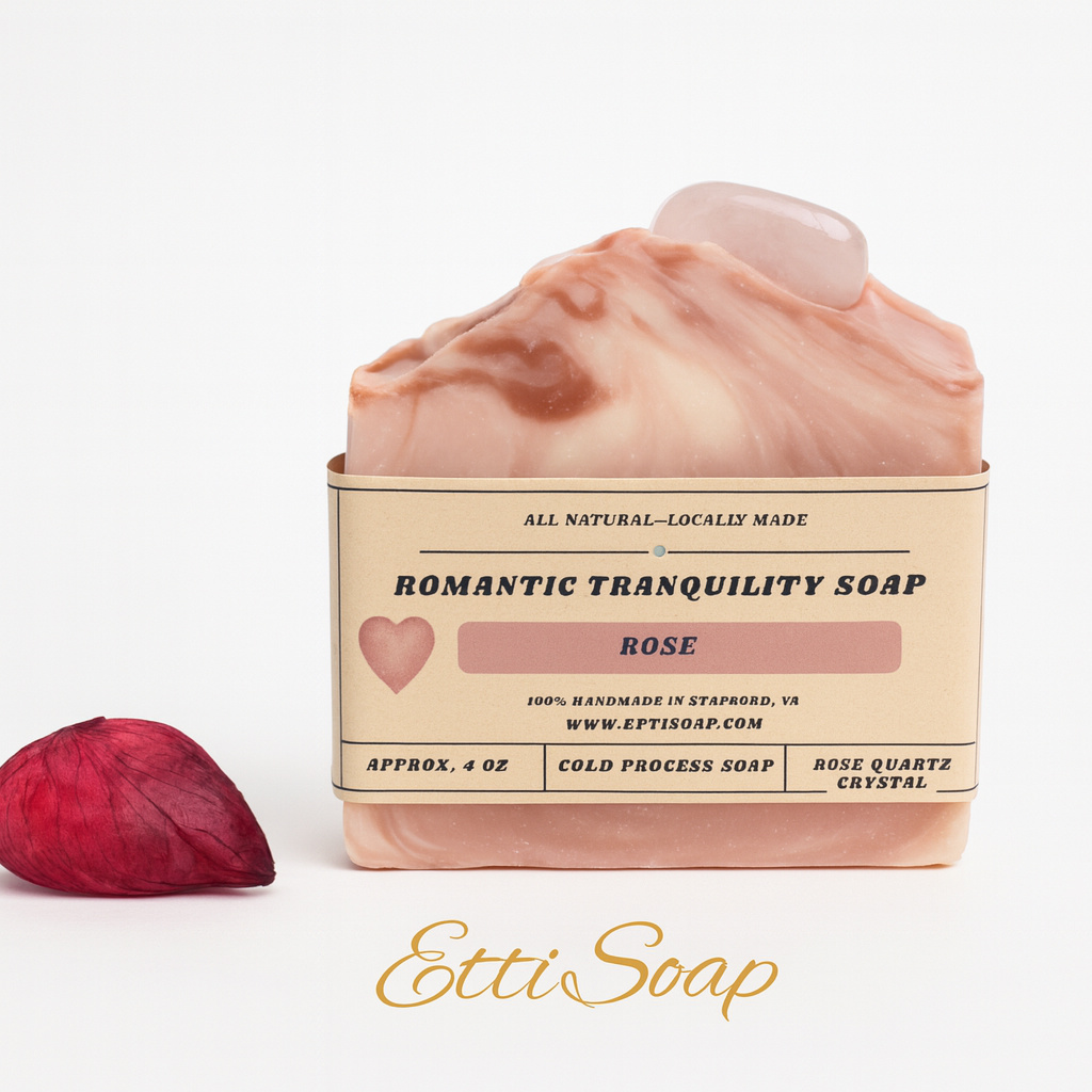 Etti Soap Romantic Tranquility bar featuring natural rose design, rose quartz gemstone, and floral accents