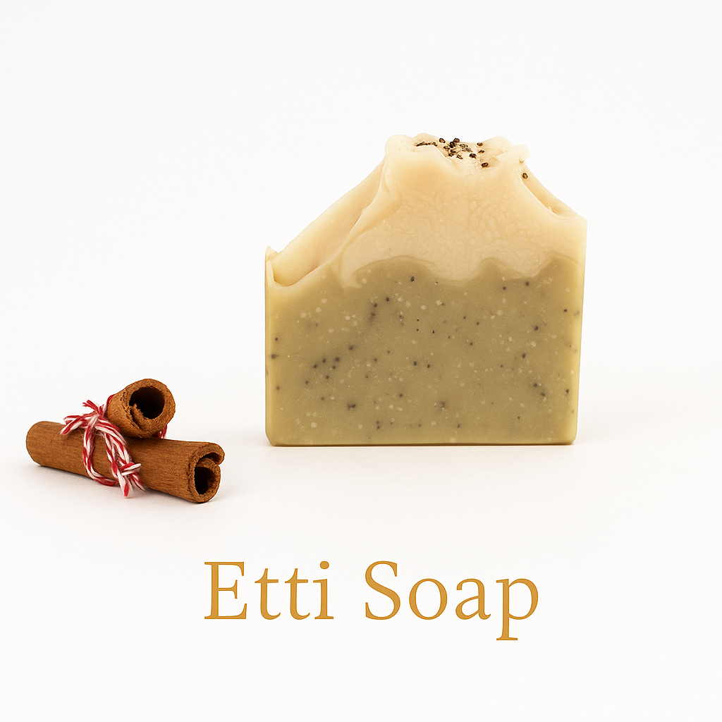 Artisan soap bar with poppy seeds and soft wavy top, part of the Etti Soap collection, photographed in minimalist white style