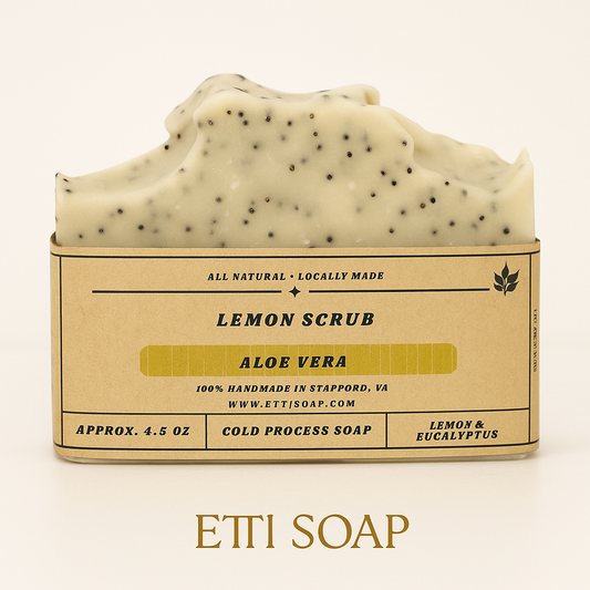 Lemon Scrub Aloe Vera Soap with poppy seeds, handmade by Etti Soap, featuring bright citrus and eucalyptus scent.