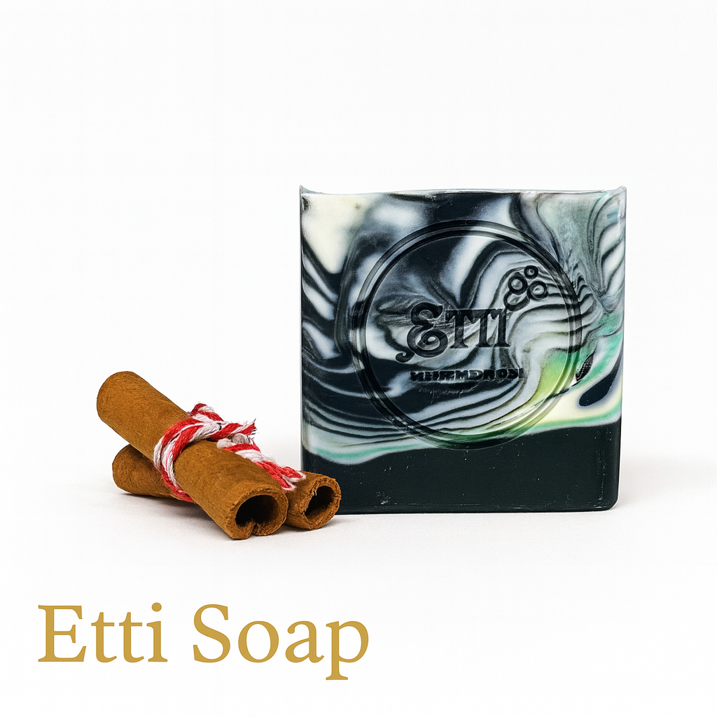 Black and white artisan soap bar with citrus-herbal scent and creamy tallow lather, crafted by Etti Soap.