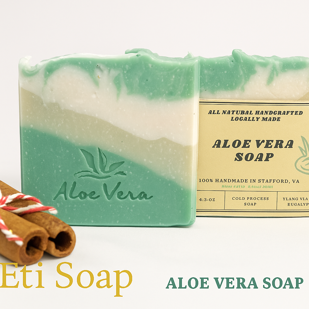 Aloe Vera Soap handmade with French green clay, ylang-ylang, and eucalyptus essential oils by Etti Soap.
