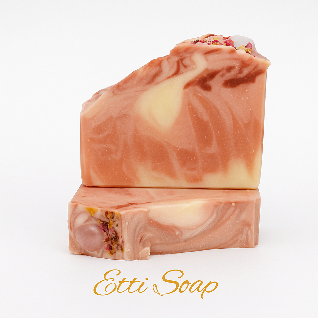 Handcrafted pink and cream marbled rose soap bar topped with rose quartz and botanicals – Etti Soap handmade collection