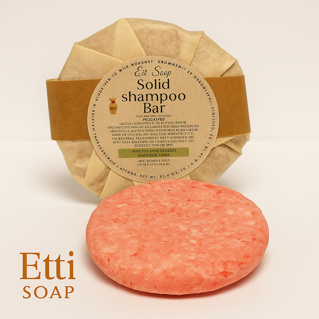 Citrus and spice artisan shampoo bar photographed on white background with gold Etti Soap label