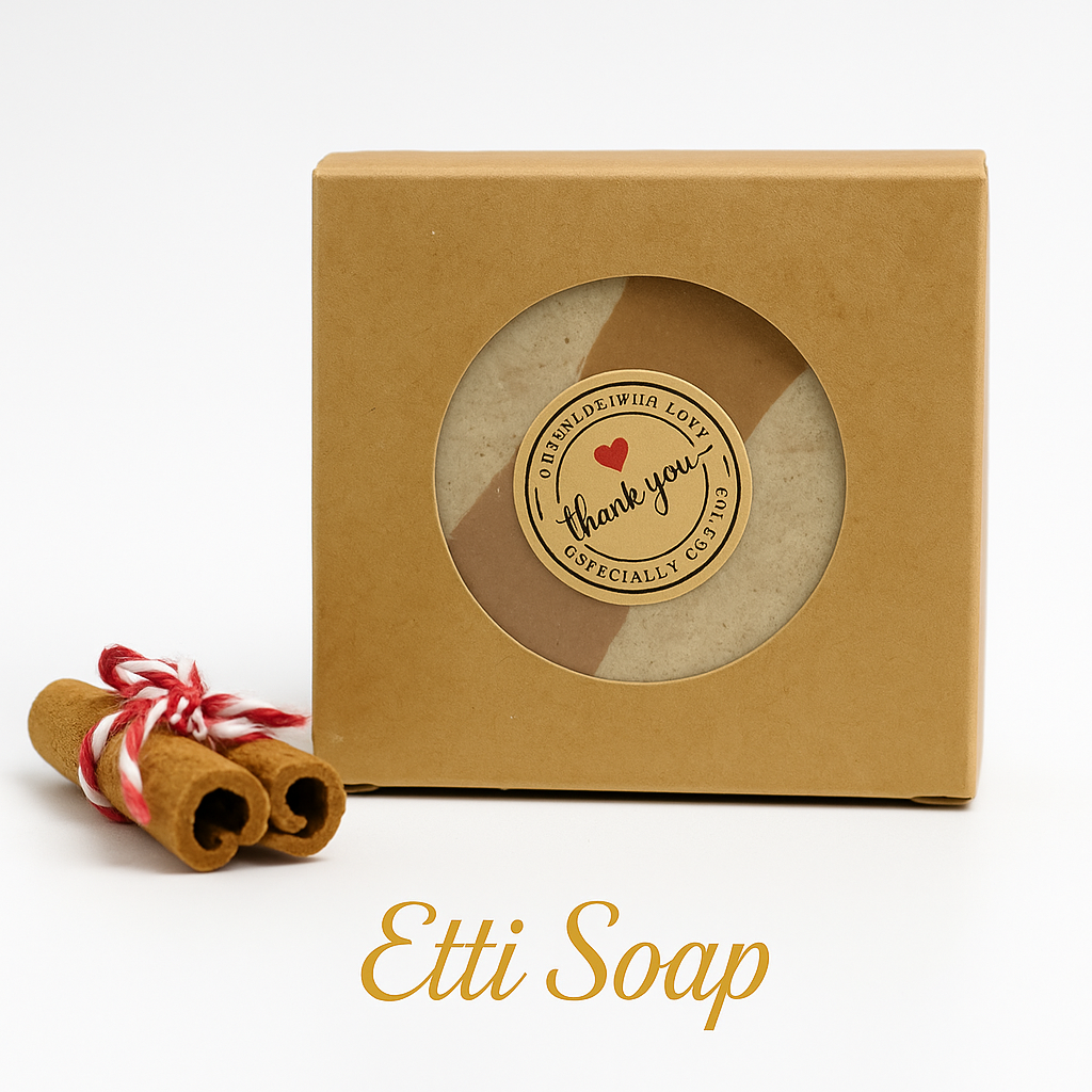 Kraft paper soap box with a round window, featuring a 'thank you' label, next to cinnamon sticks on a white background. Brand 'Etti Soap' visible.