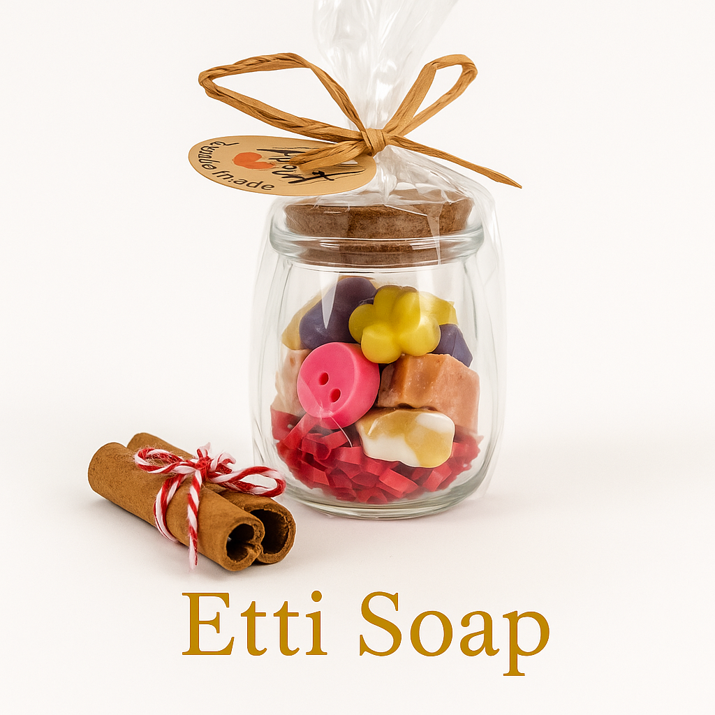 Handmade mini soap assortment in a reusable glass jar with colorful shapes, crafted by Etti Soap – eco-friendly and gift-ready