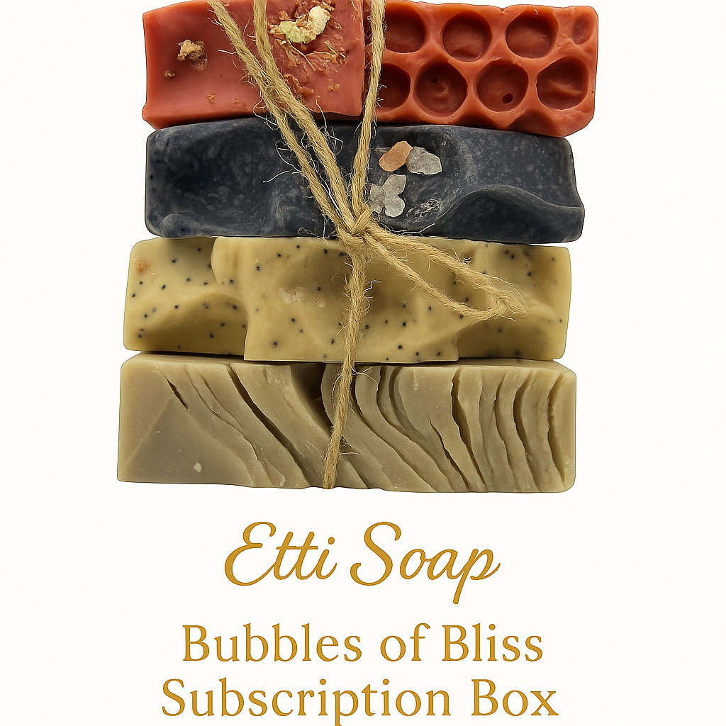 Stack of handmade soap bars tied with twine on a white background, featuring 'Etti Soap' branding.