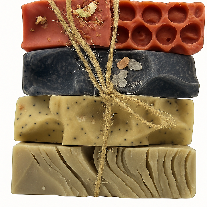 Stack of handmade soap bars tied with twine on a white background, featuring 'Etti Soap' branding.