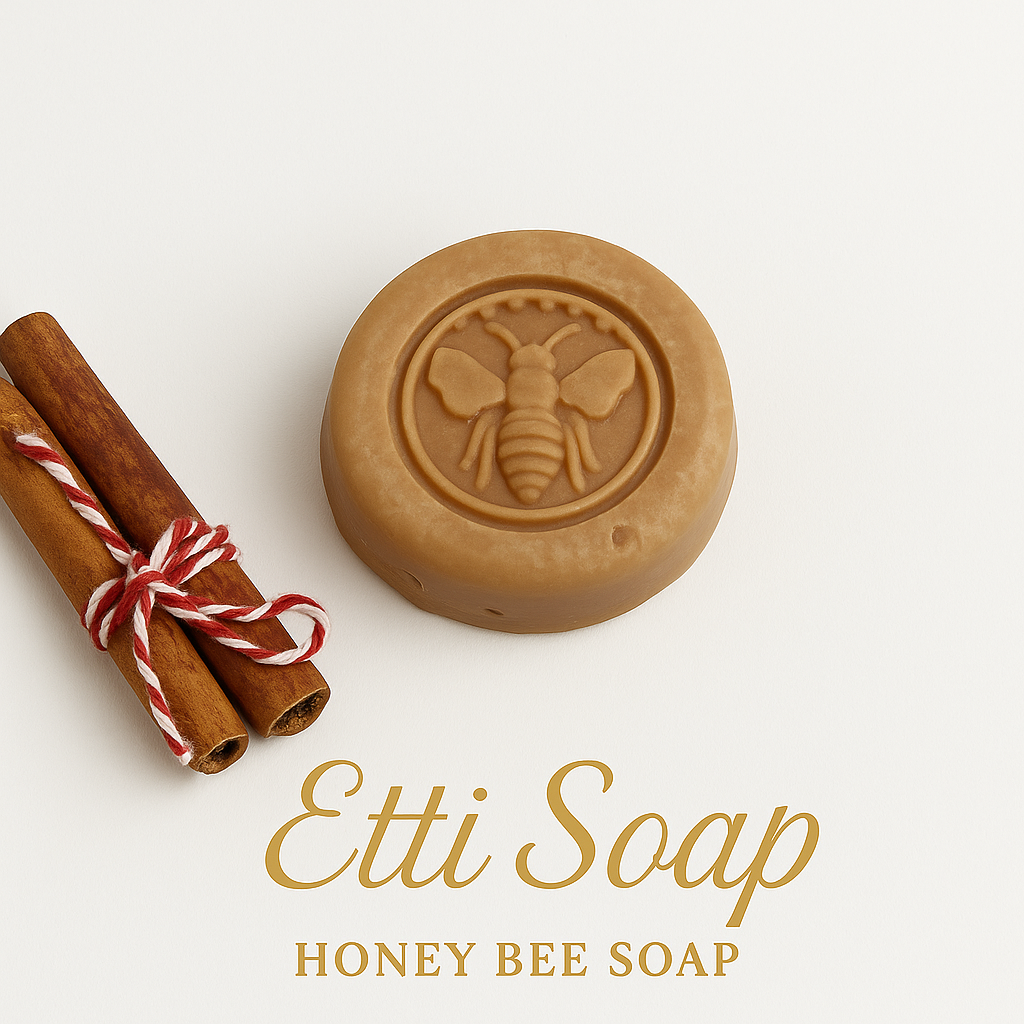 Honey Bee Shea Butter Soap with golden shimmer and bee design, handmade by Etti Soap.