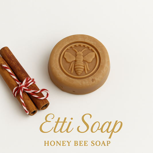 Honey Bee Shea Butter Soap with golden shimmer and bee design, handmade by Etti Soap.