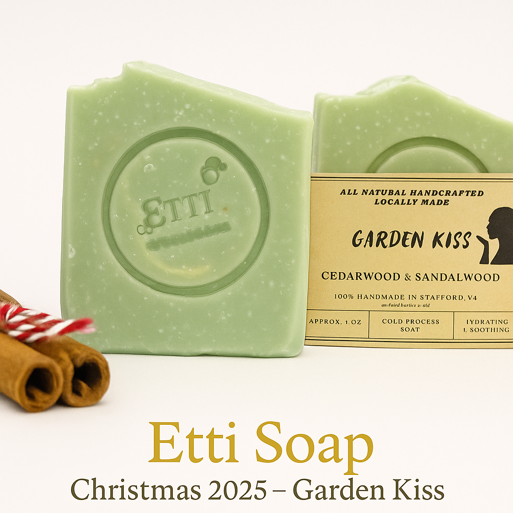 Garden Kiss Soap Bar handmade with cedarwood and sandalwood essential oils, featuring natural kaolin clay and warm woody tones.