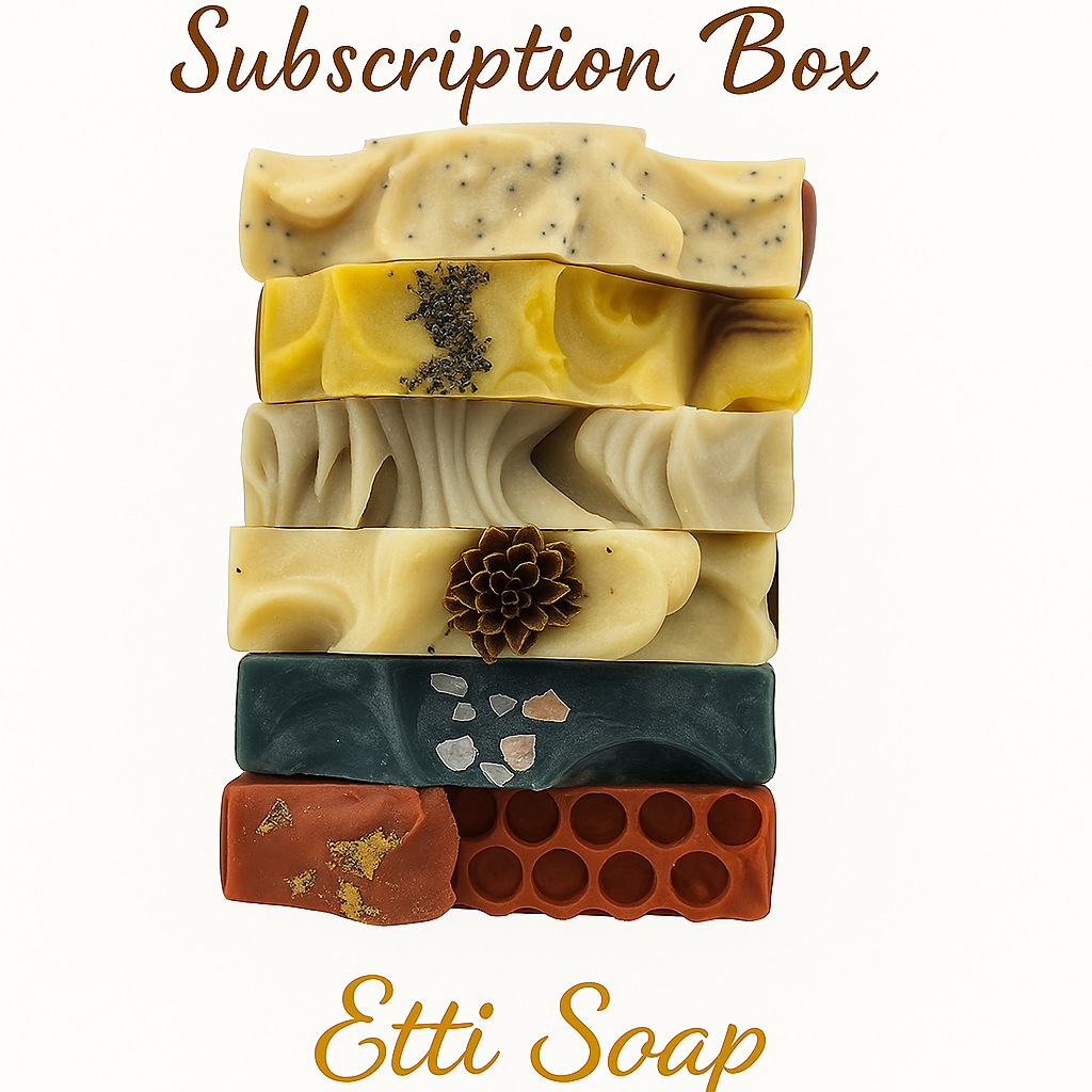Stack of various textured soap bars with 'Etti Soap' branding on a white background.