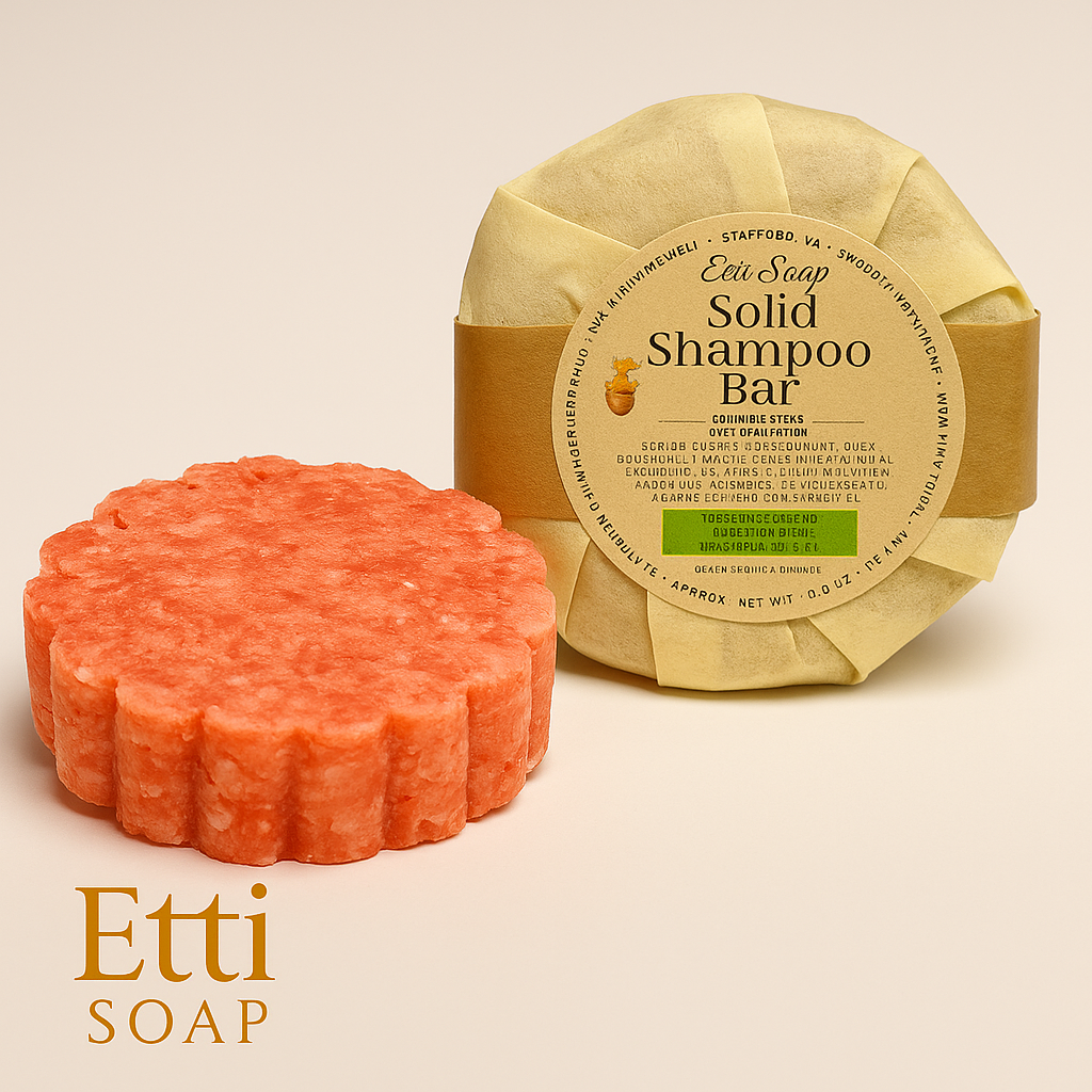 Etti Soap tropical shampoo bar featuring citrus and spice aroma and biodegradable wrapping