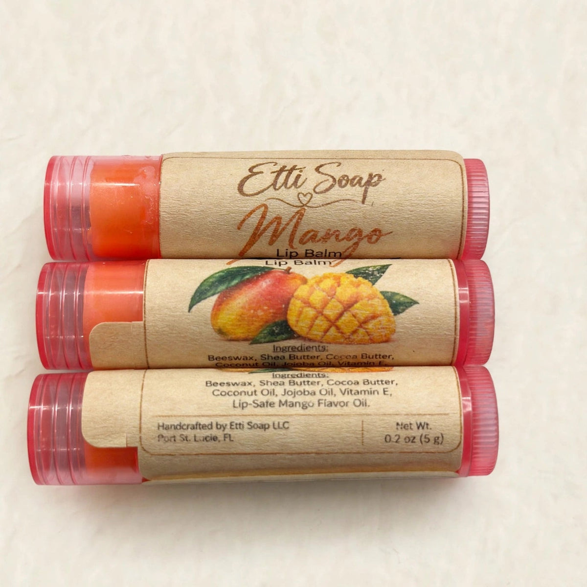 Handcrafted Natural Lip Balm Set of 3 with Beeswax & Shea Butter – Cherry Berry, Coconut or Mango
